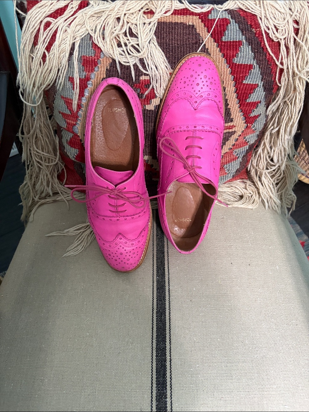 Ladies Bright Pink Leather Wingtip Oxfords